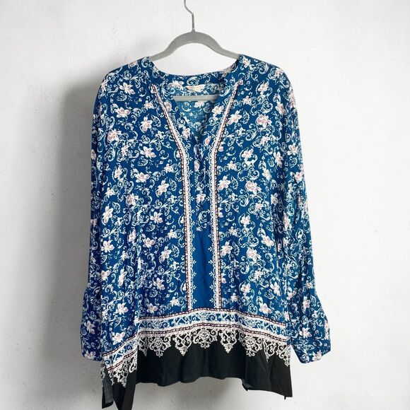 Cato Tops - Cato Plus Size 14W 16W Peasant Tunic Top Blue Rayon Roll Tab Sleeve Boho V Neck